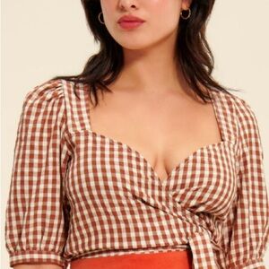 Rouje Brown and White Checkered Wrap Tie Blouse